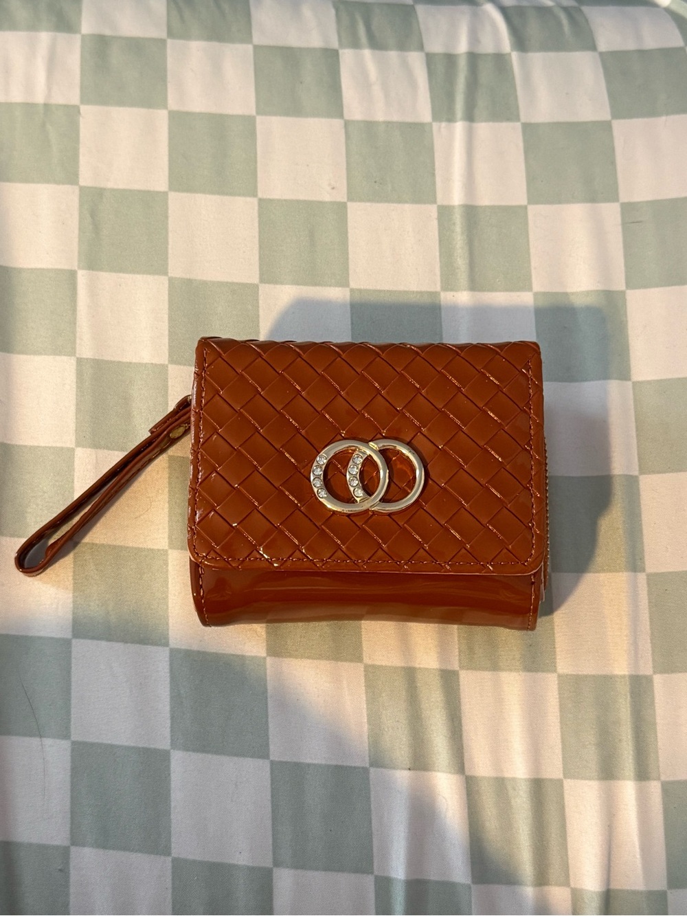 Woven Patent Leather Small Wristlet Wallet - Brown